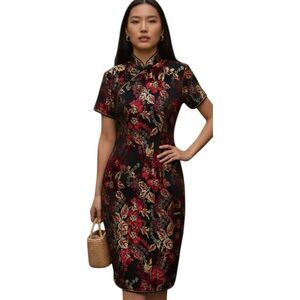Boutique Dress Asian Floral Velvet Black Red Gold Juniors 11 Sheath High Neck